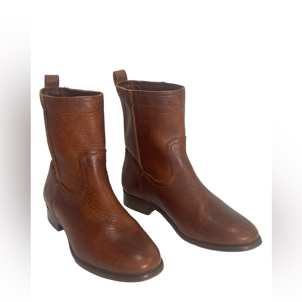 Frye Cara Short Women's Cognac Brown Leather Ankle Boot Pull On Size 8 B